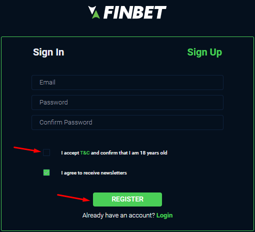 Форма регистрации на сайте сервиса Finbet.io