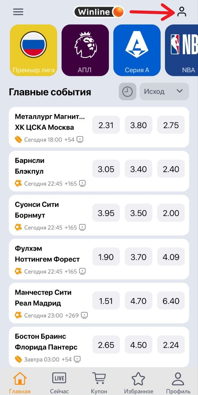 Кнопка личного профиля в приложении БК Winline.by для Андроид