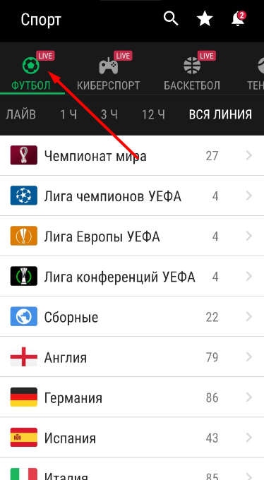 Выбор вида спорта для заключения пари в мобильном приложении БК Parimatch.kz 