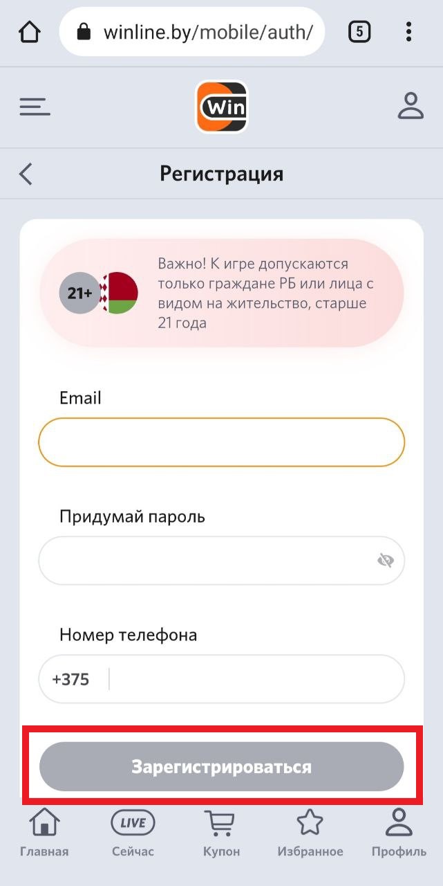 Форма регистрации в мобильной версии сайта БК Winline.by