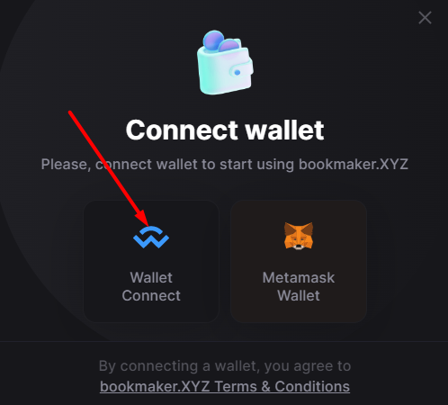 Выбор метода для соединения кошелька на сайте bookmaker.xyz