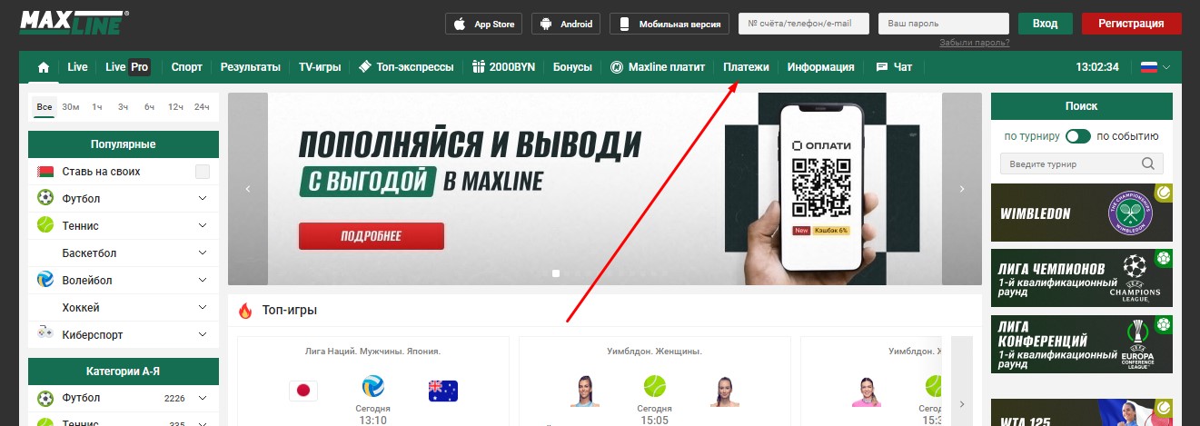 Переход в раздел платежей на сайте БК Maxline