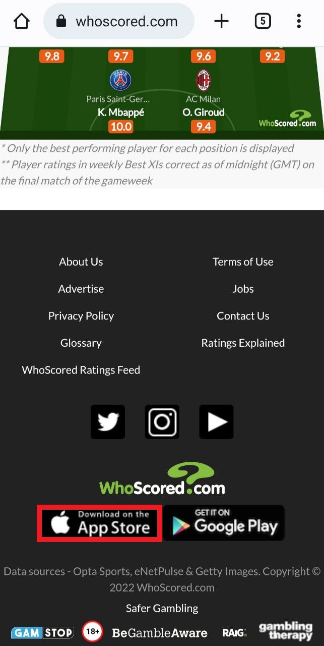Установка приложения Whoscored для ios с сайта сервиса