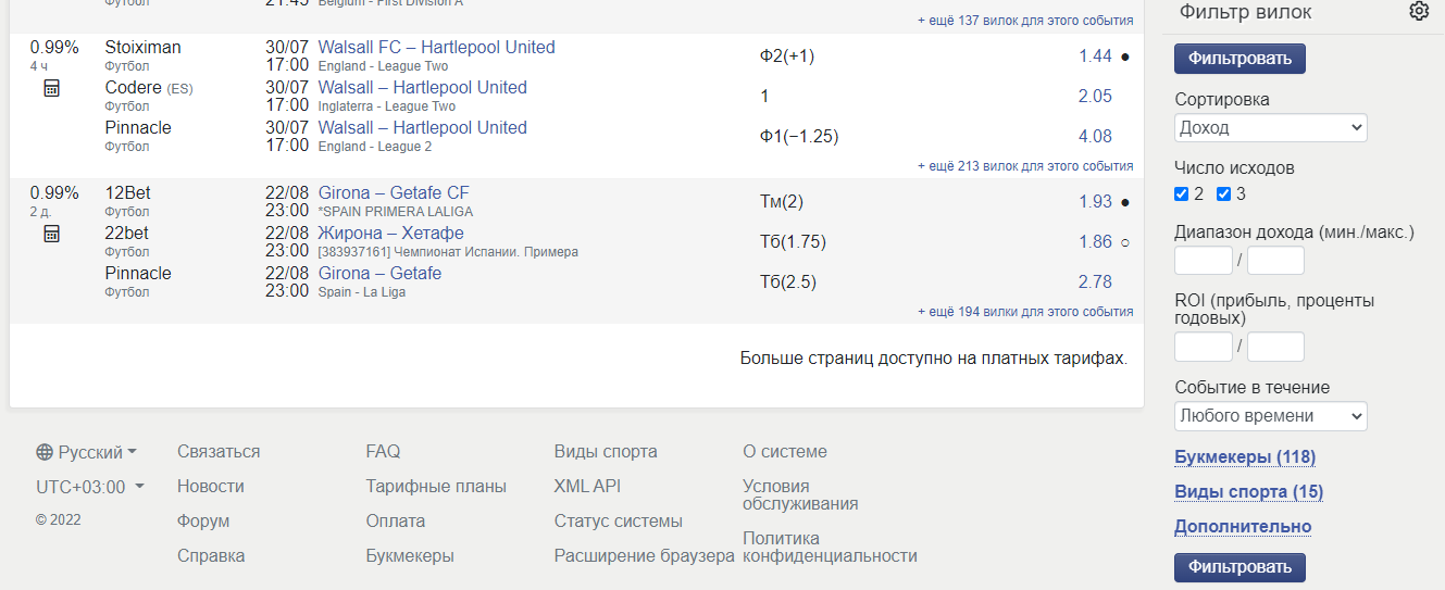 Доступные разделы в нижней части сайта Surebet