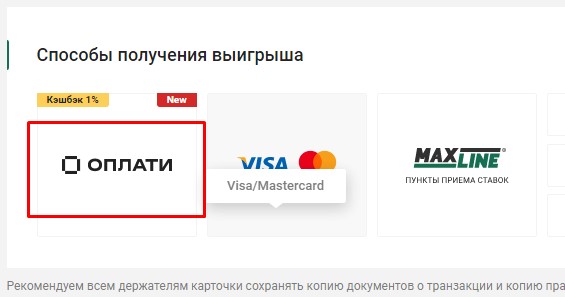 Выбор для перевода на кошелек платформы “Оплати” на сайте БК Maxline