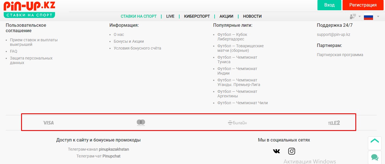 Доступные способы вывода средств из БК Pin-Up kz