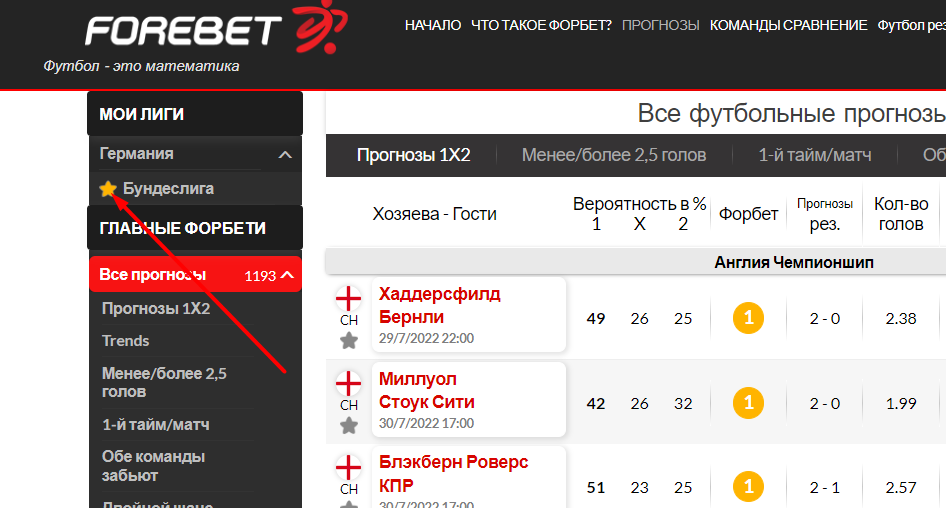 Настройка избранного на сайте Forebet