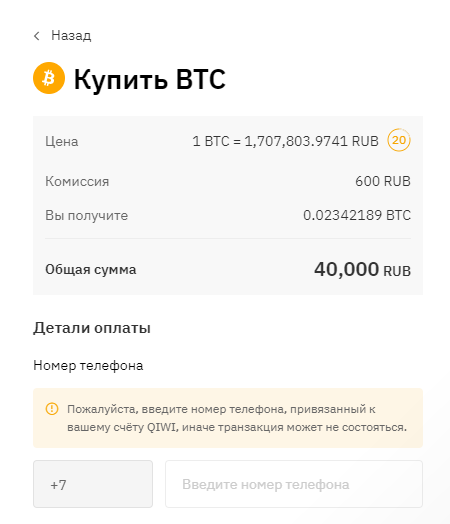 Ввод данных при покупки Bitcoin на сайте биржи Bybit