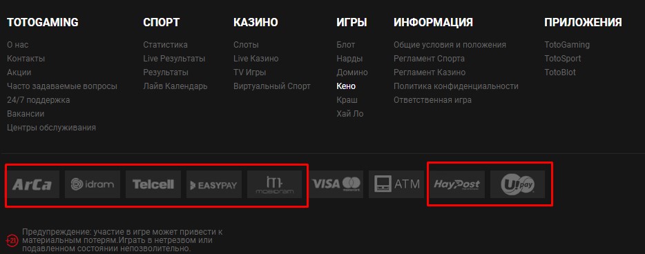 Информация о поддержке платежных систем на сайте БК Totogaming