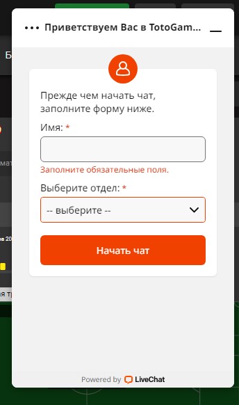 Окно онлайн-чата на сайте БК Totogaming