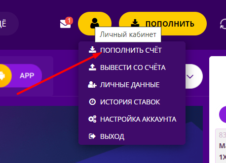 Переход в раздел пополнения счета на сайте БК Helabet
