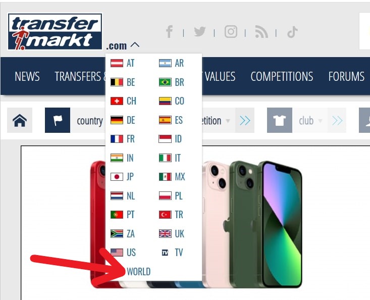 Языковые версии сервиса Transfermarkt