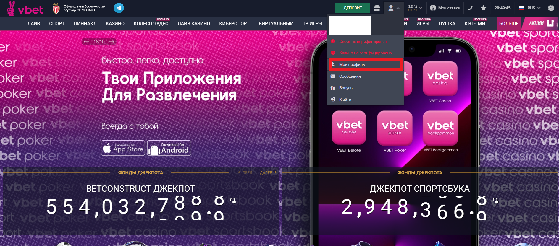 Переход в раздел личного профиля на сайте БК Vbet