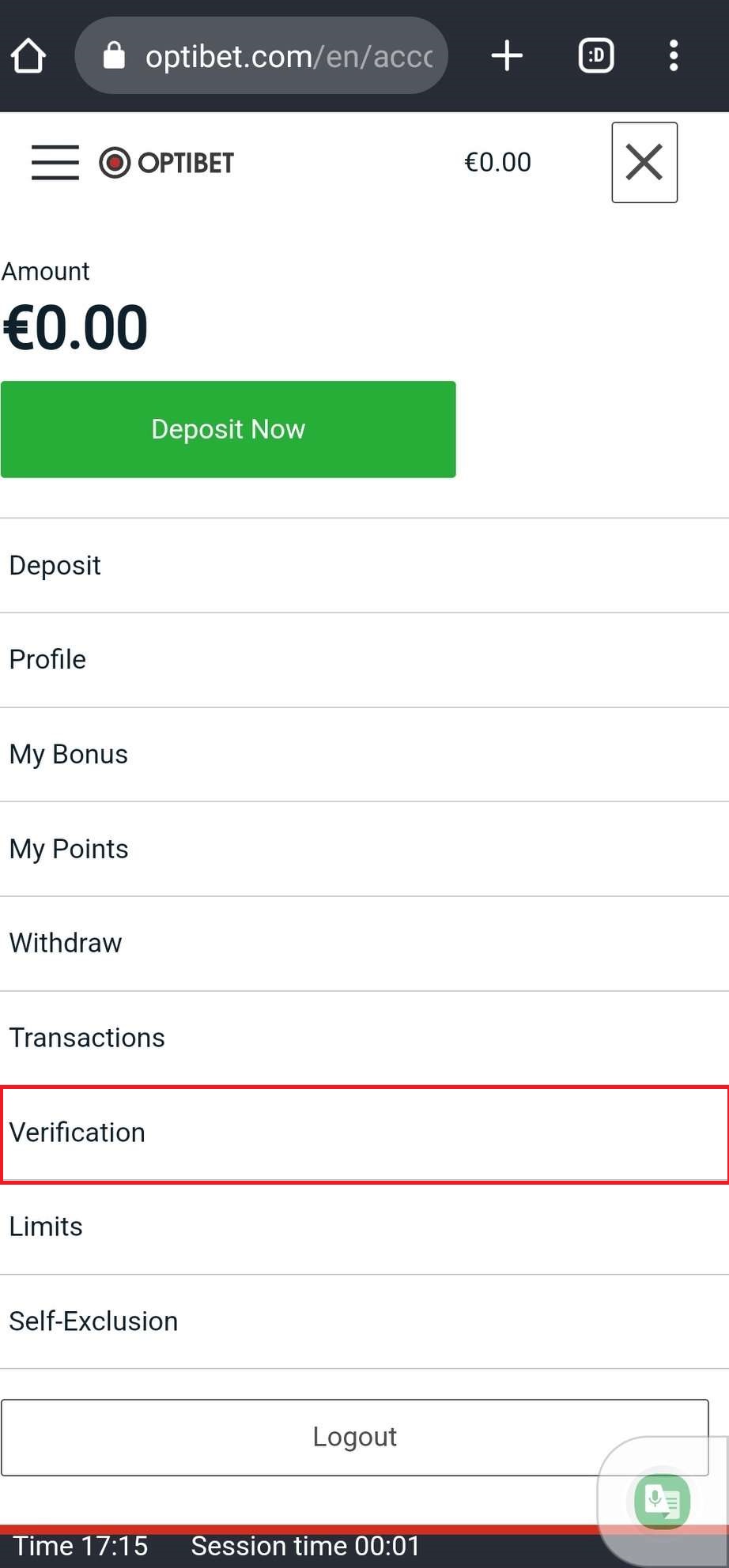 Переход в раздел верификации в мобильной версии сайта БК Optibet.lv