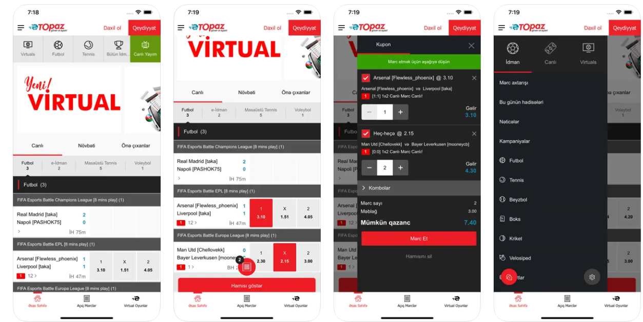 Интерфейс приложения БК eTopaz для iOS