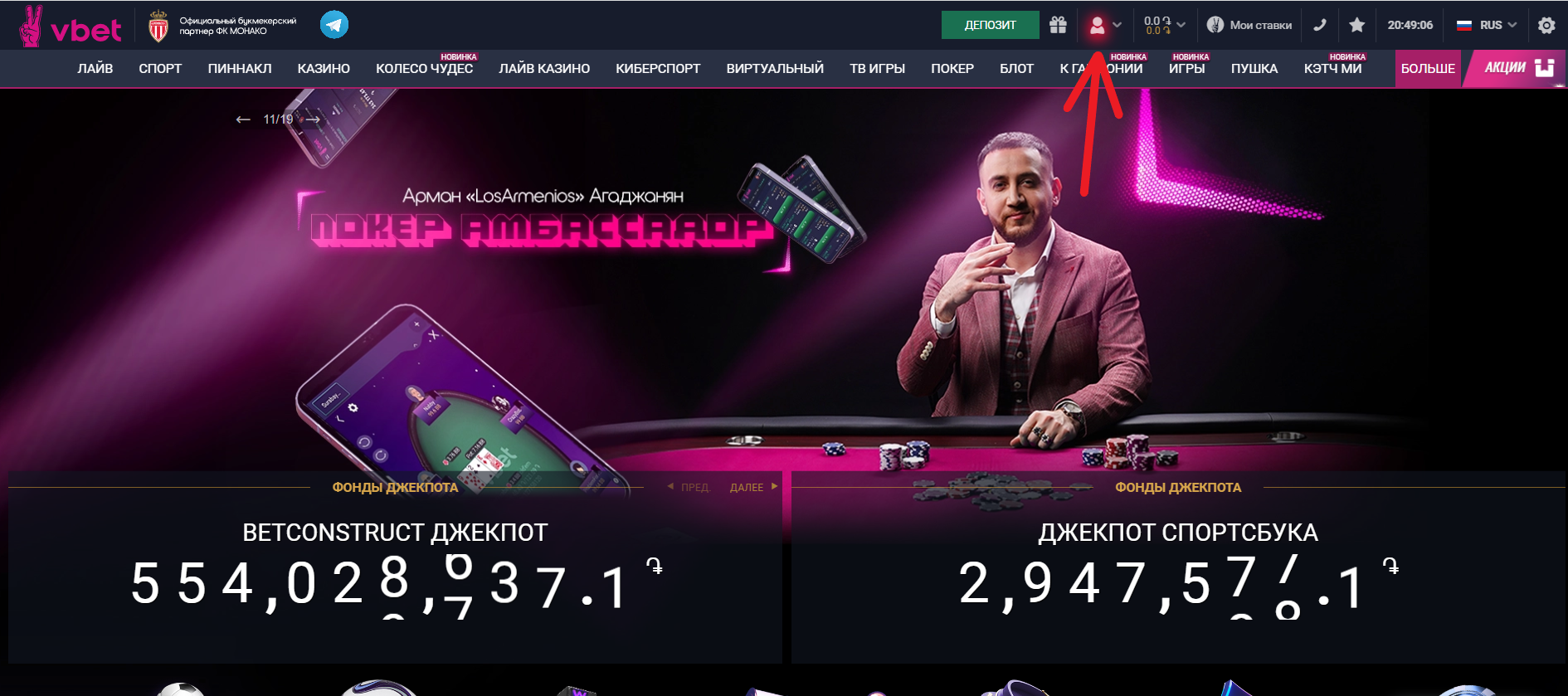 Иконка личного профиля на сайте БК Vbet