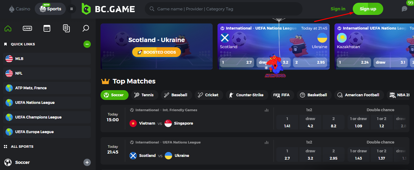 Кнопка регистрации на сайте БК BC.game