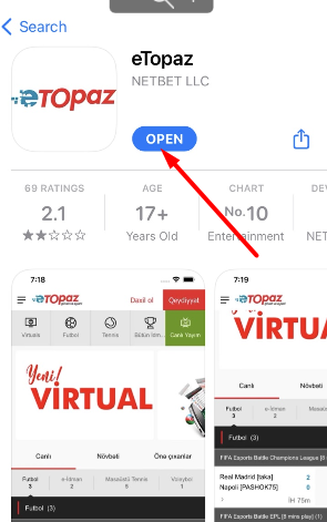 Открыть установленное приложение БК eTopaz для iOS