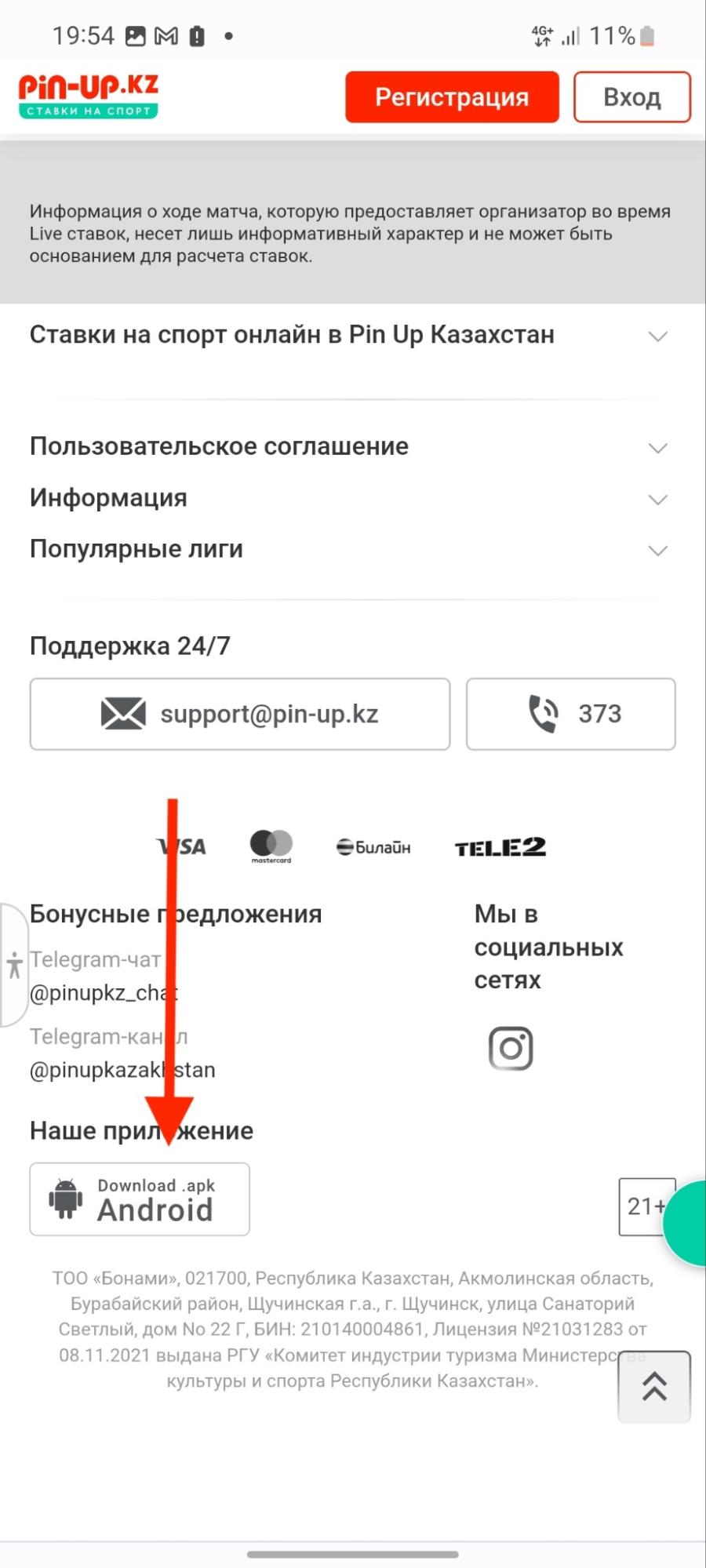 Кнопка скачивания мобильного приложения Pin-up kz 