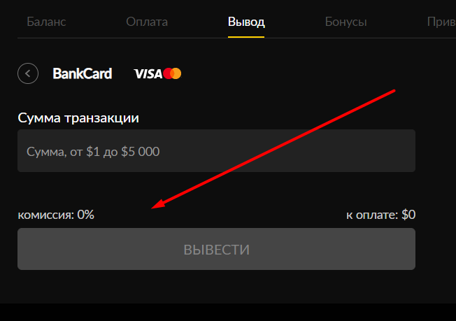 Ввод суммы при выводе денег на банковскую карту с сайта БК Bet-Boom com