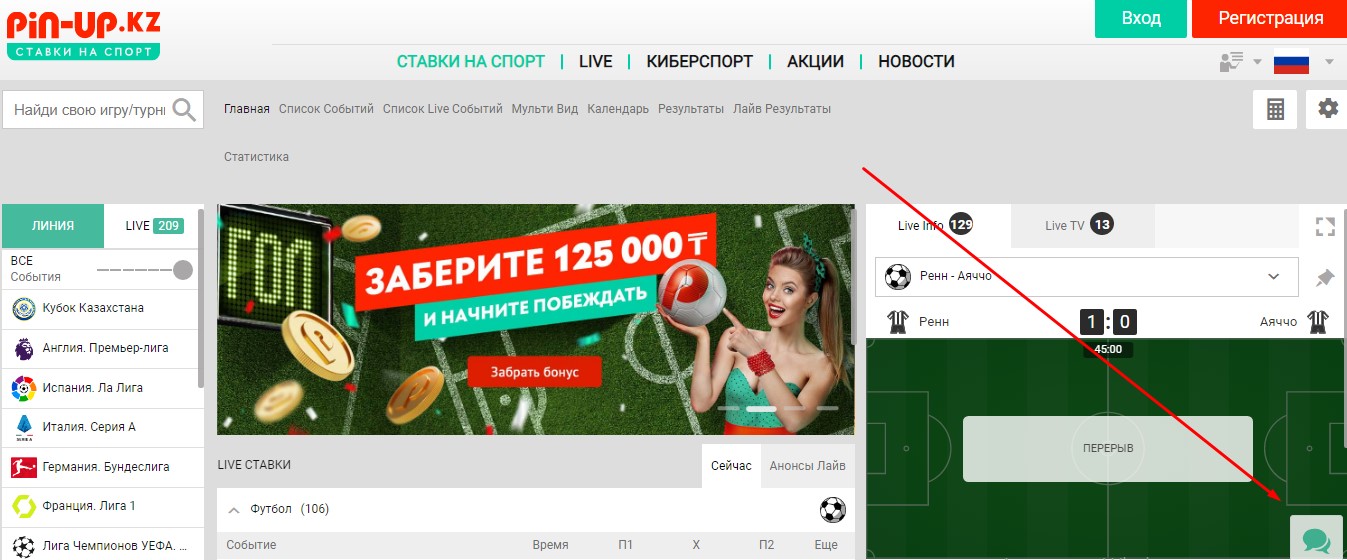 Кнопка вызова лайв-чата на сайте БК Pin-Up kz
