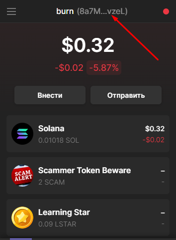 Копирование адреса кошелька Solana