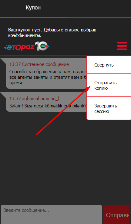Дополнительные опции в лайв-чате на сайте БК eTopaz