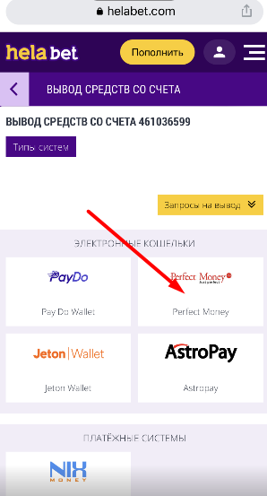 Выбор платежной системы для вывода средств в приложении БК HelaBet