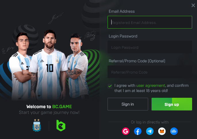 Форма регистрация на сайте БК BC.game