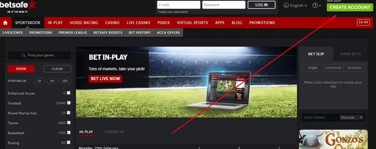 Кнопка создания аккаунта на сайте БК Betsafe LV