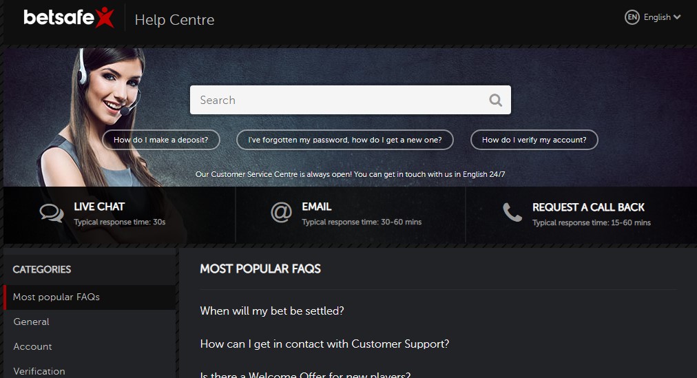 Раздел Help Centre на сайте БК Betsafe 