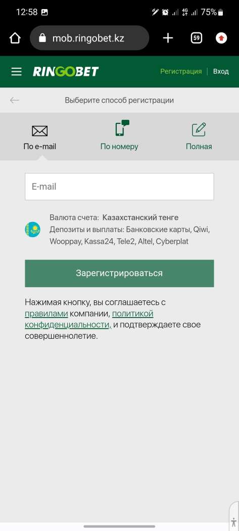 Форма регистрации по e-mail в мобильной версии сайта БК Ringobet