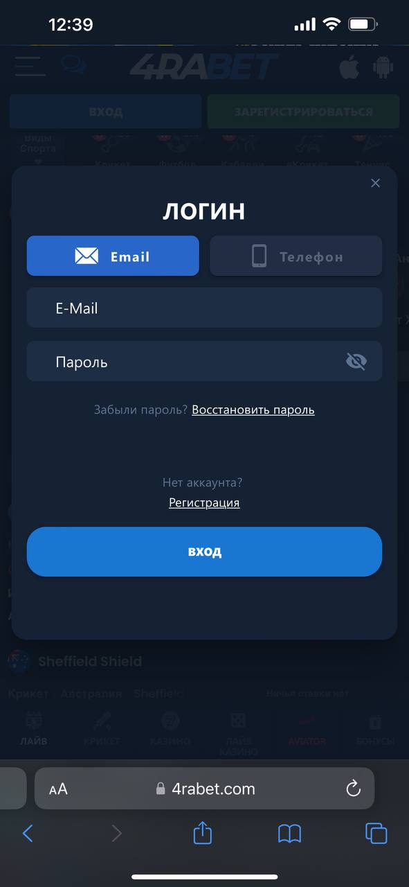Форма авторизации через e-mail в мобильной версии сайта БК 4RaBet