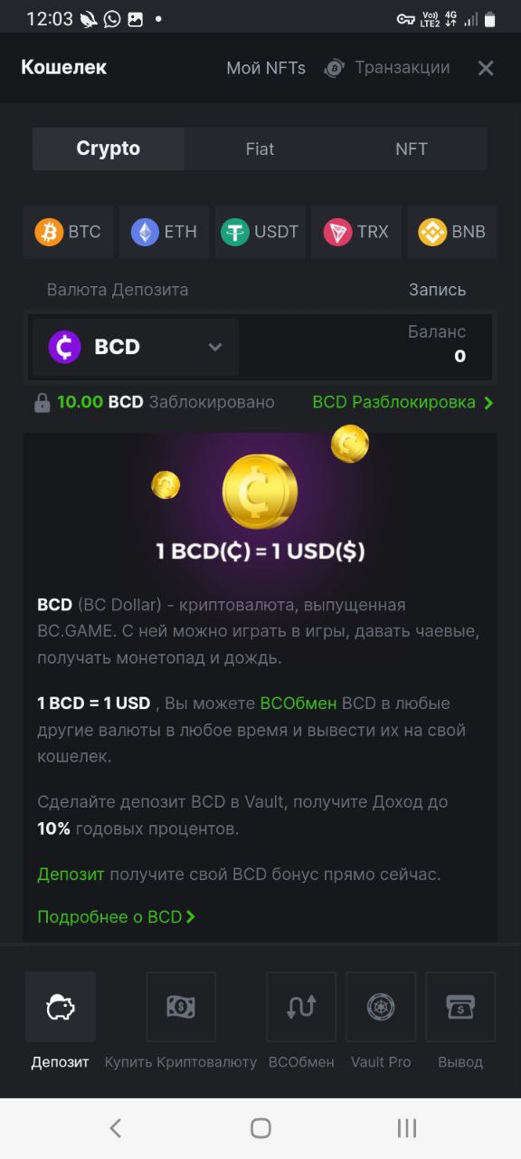 Пополнение счета в БК BC Game