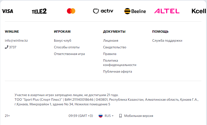 Раздел с основной информацией на сайте БК Winline kz 