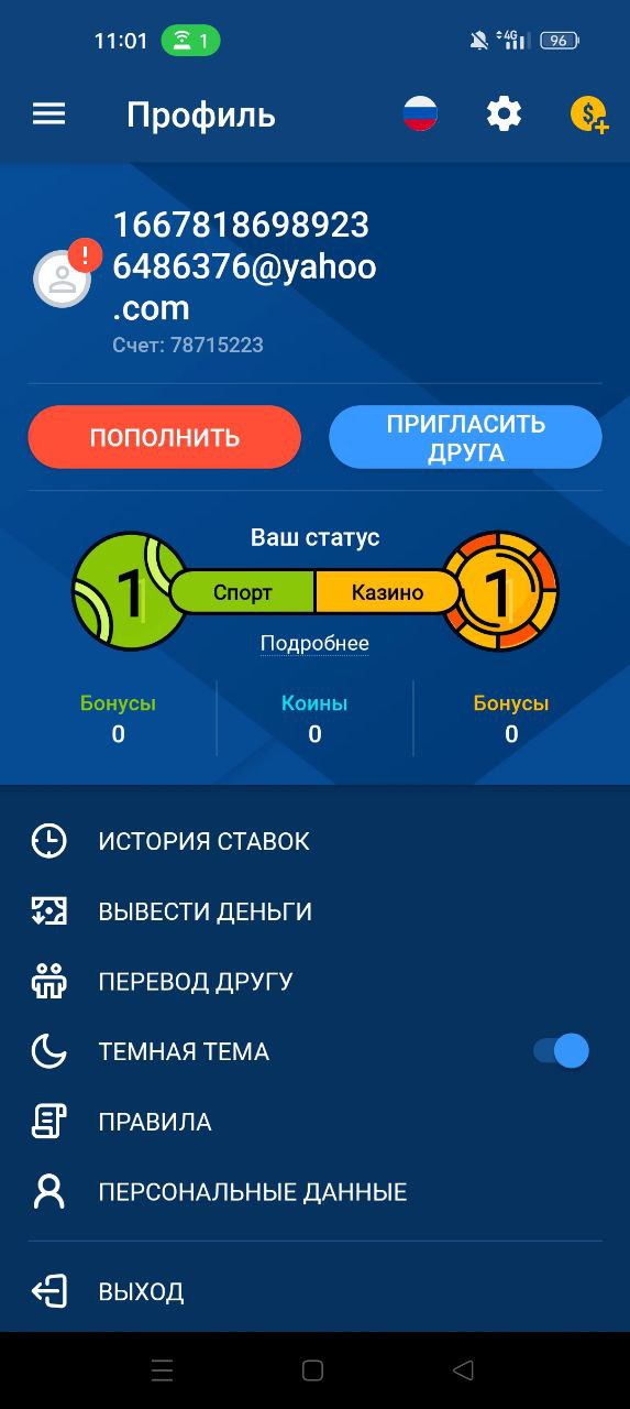 Раздел личного профиля в мобильном приложении БК Mostbet для Андроид