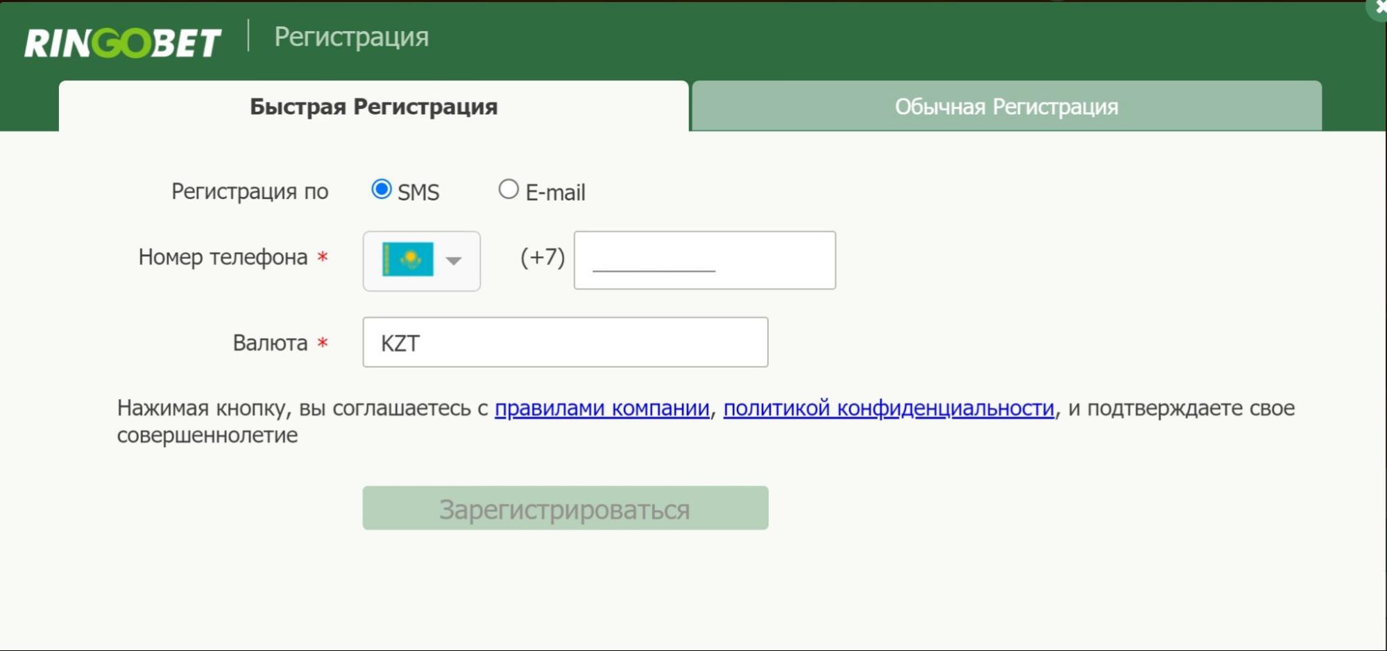 Форма быстрой регистрации на сайте БК Ringobet