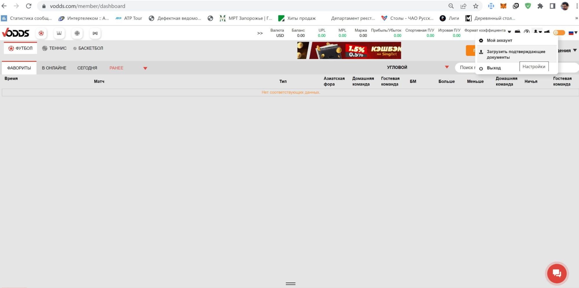 Меню личного профиля на сайте БК Vodds