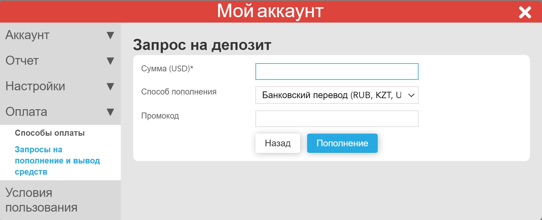 Ввод суммы пополнения на сайте БК Vodds