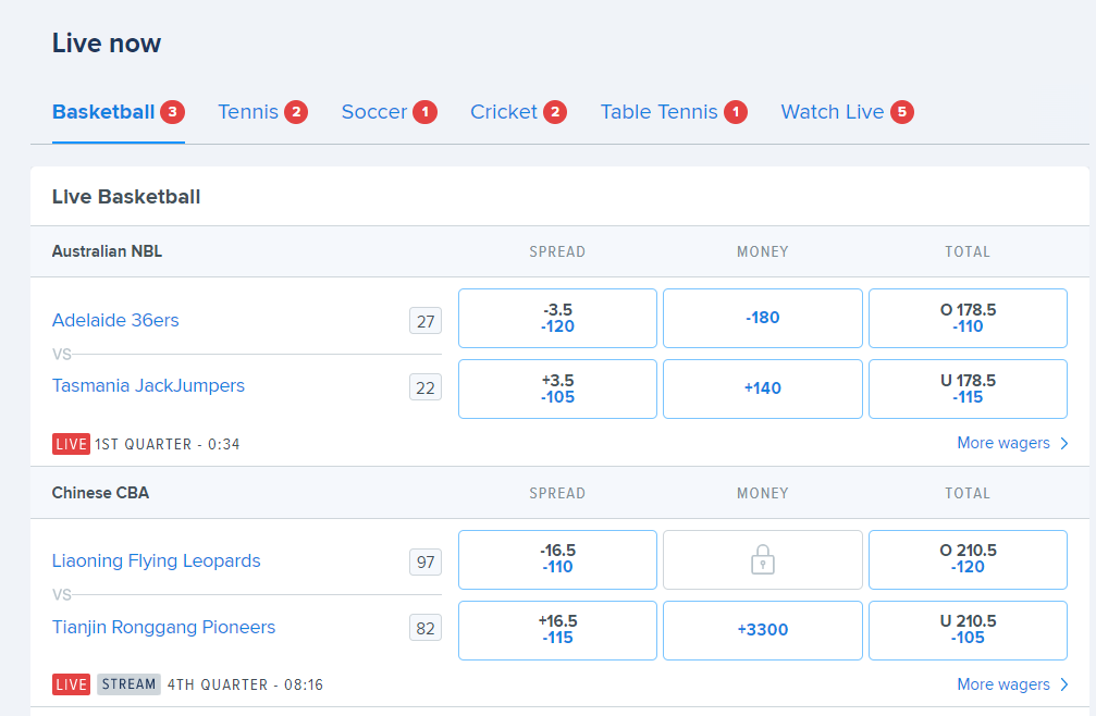 Раздел лайв-ставок на сайте БК Fanduel Sportsbook