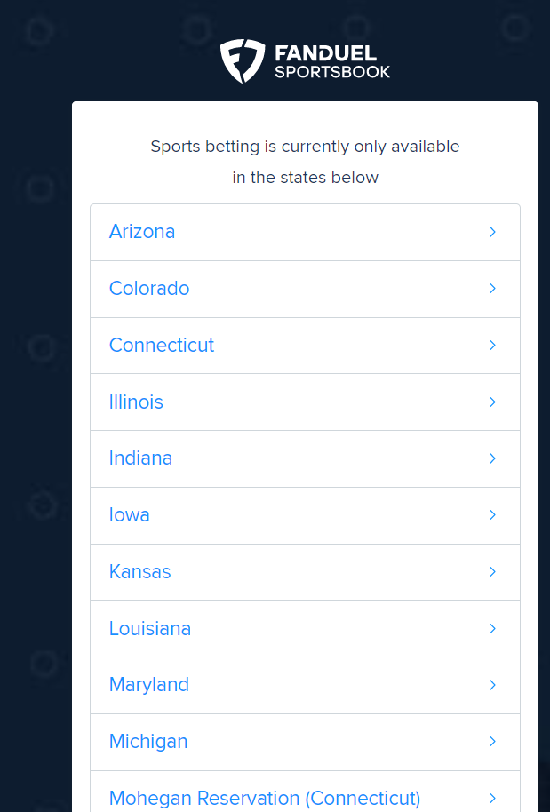 Выбор штата при регистрации на сайте БК Fanduel Sportsbook