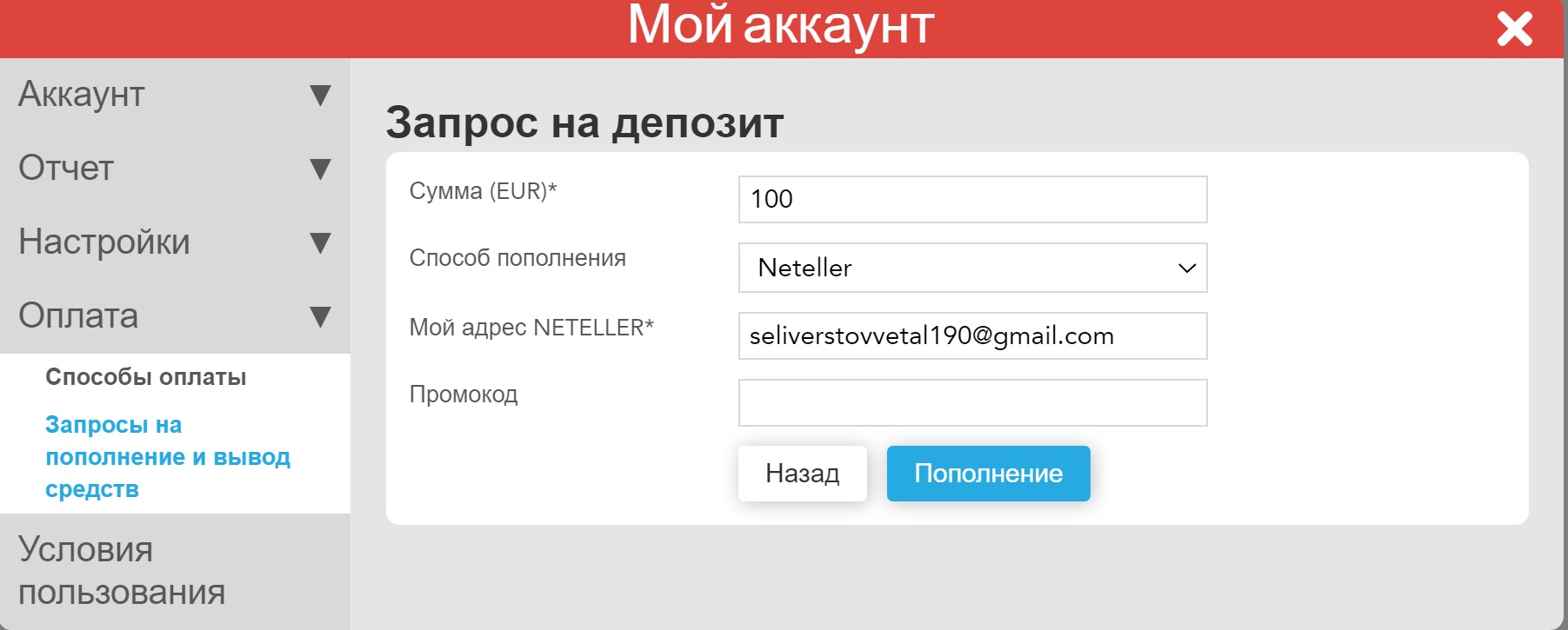 Выбор платежной системы Neteller при пополнении счета на сайте БК Vodds