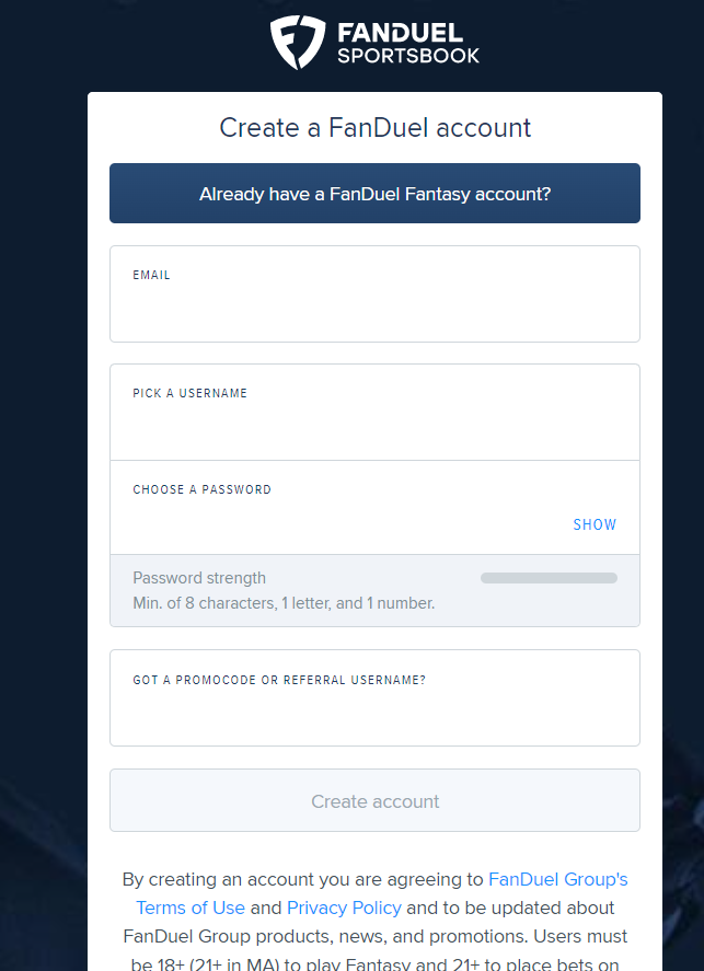 Форма регистрации на сайте БК Fanduel Sportsbook