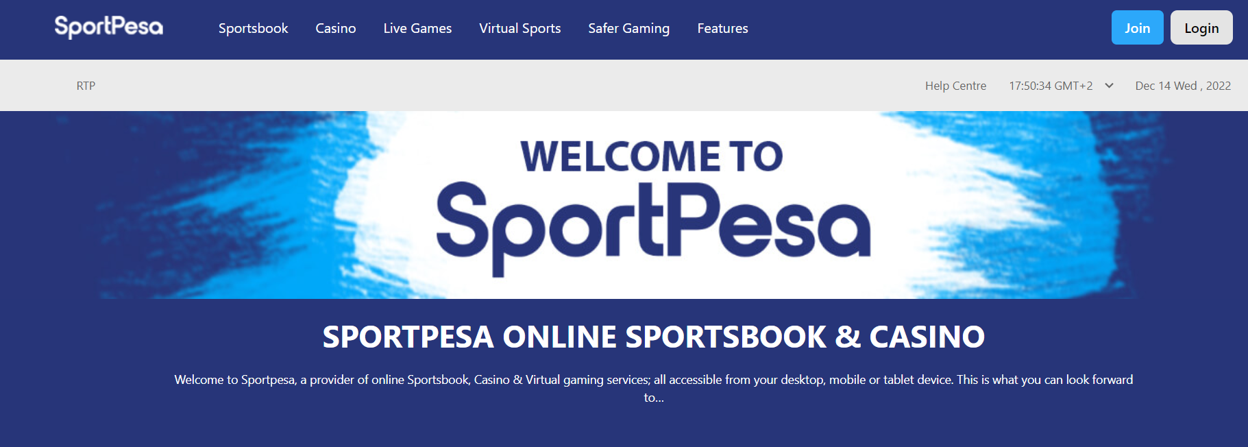 Панель навигации на сайте БК Sportpesa