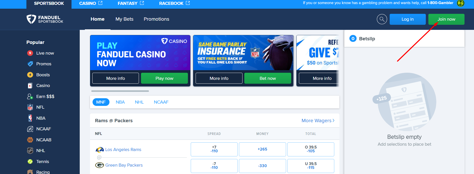 Кнопка регистрации на сайте БК Fanduel Sportsbook