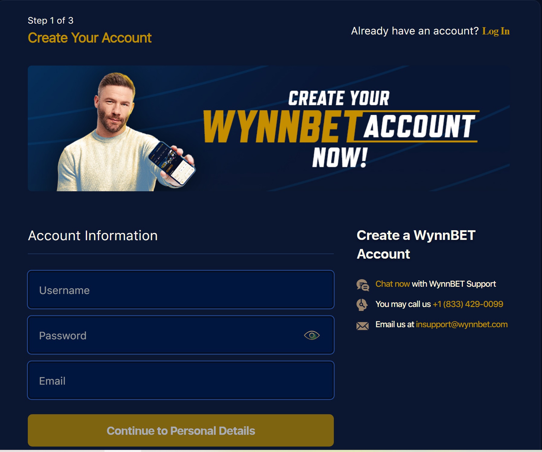 Первый этап регистрации на сайте БК Wynnbet