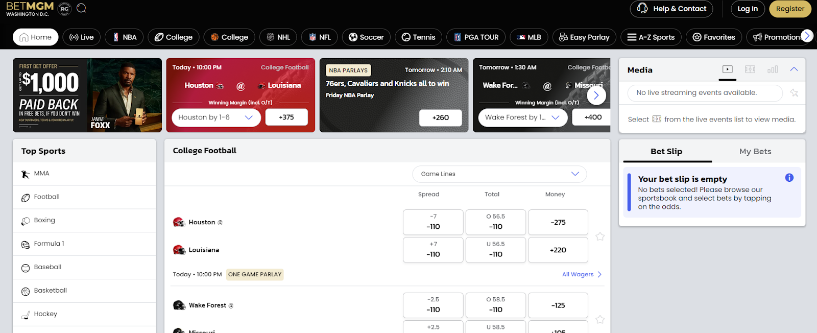 Интерфейс сайта БК BetMGM