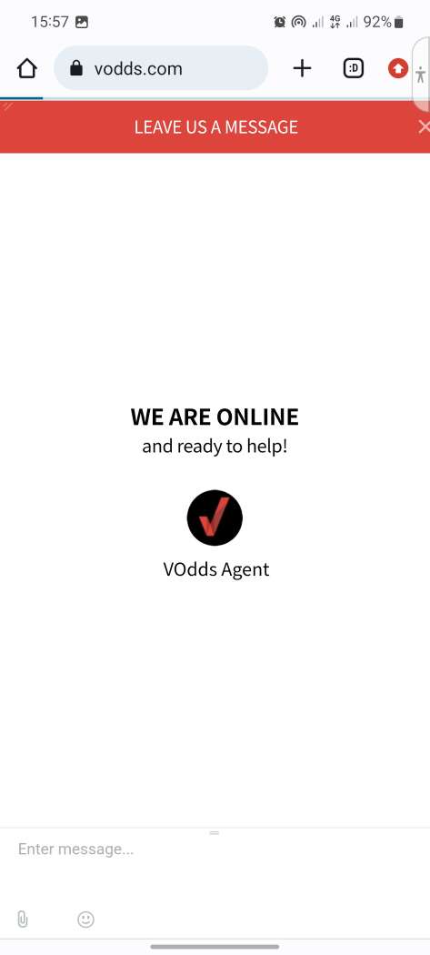 Форма лайв-чата в мобильной версии сайта БК Vodds