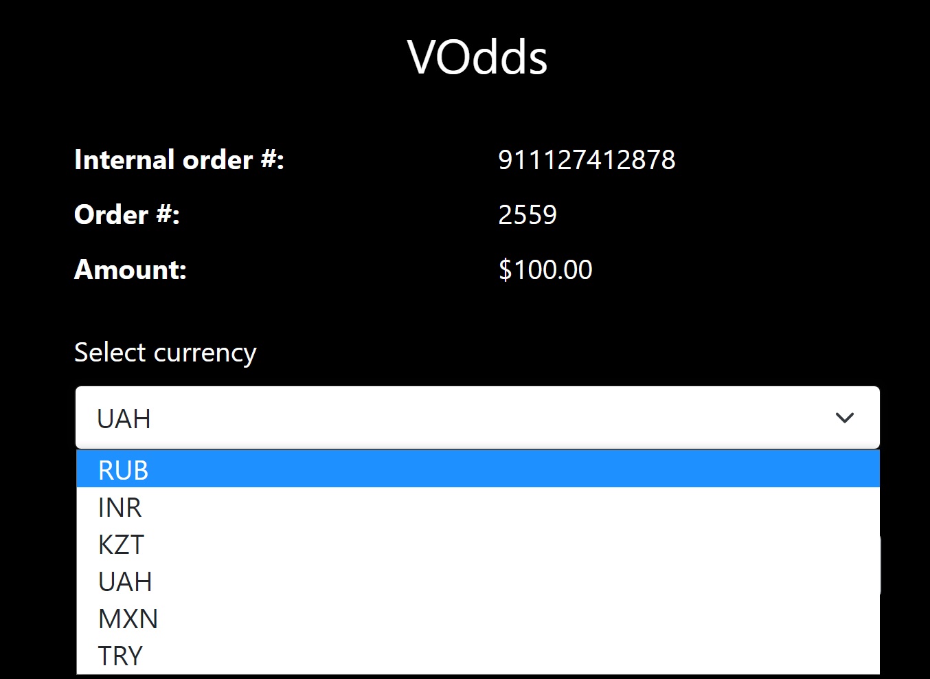 Выбор валюты при пополнении счета на сайте БК Vodds