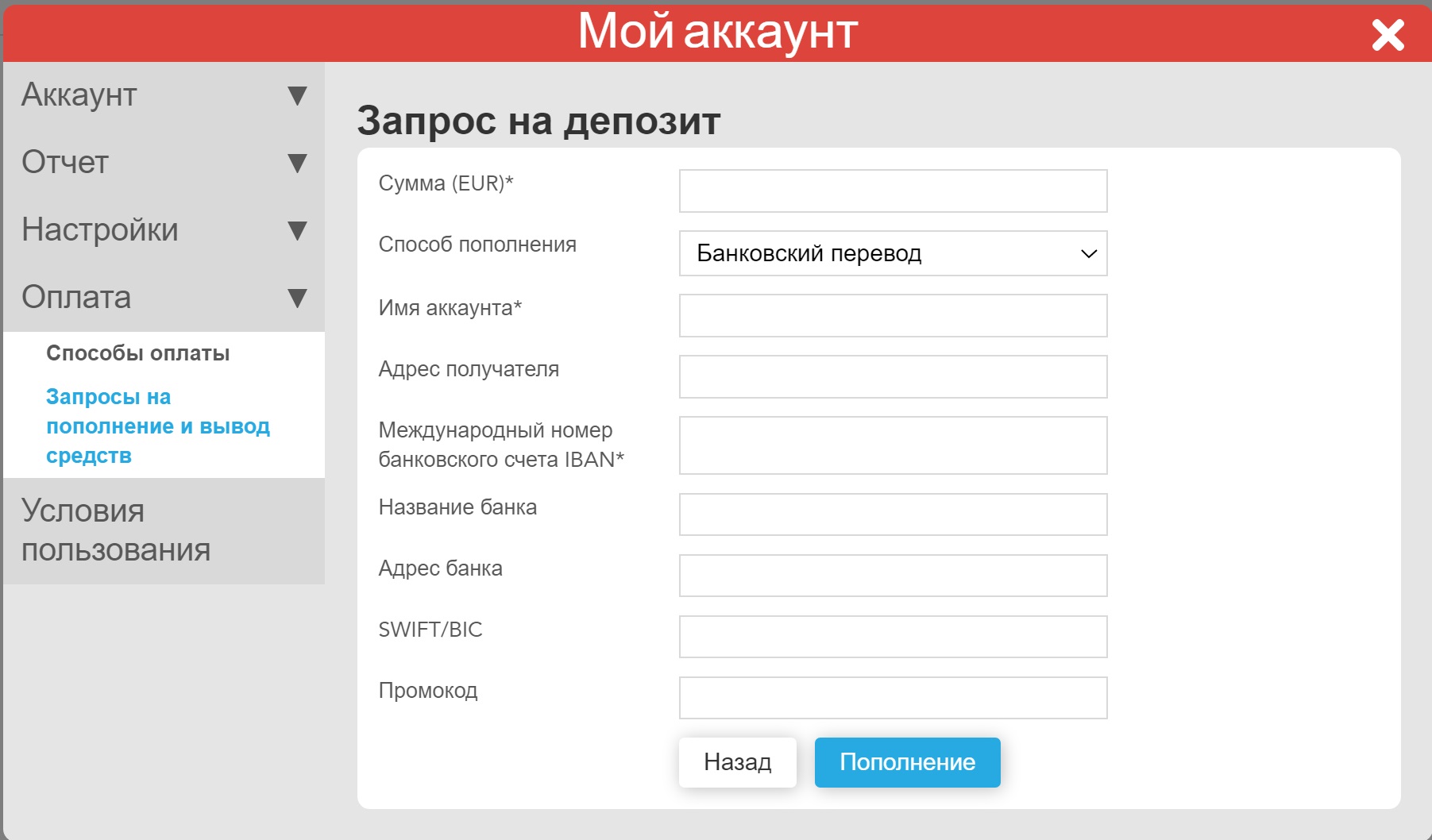 Форма для ввода банковских реквизитов при пополнении счета при помощи банковского перевода на сайте БК Vodds